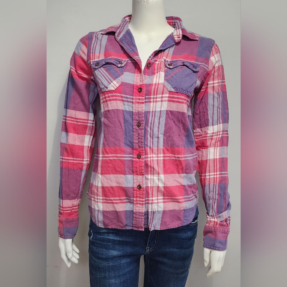 American Eagle Womens Favorite Fit Pink Purple Flannel Plaid Button Up Small S